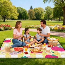 Poedist yellow-patterned blanket adds cheerful outdoor style.