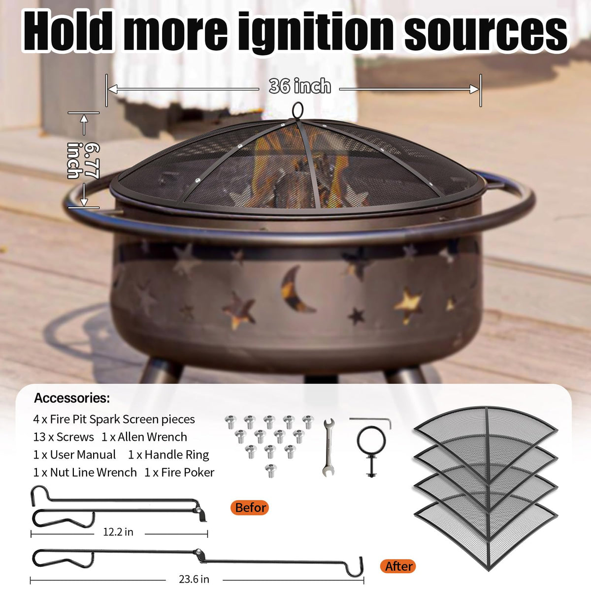 POEPRH fire pit spark screen with poker enables safe ember management