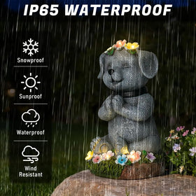 Night view of Pohabery dog statue lighting a garden pathway