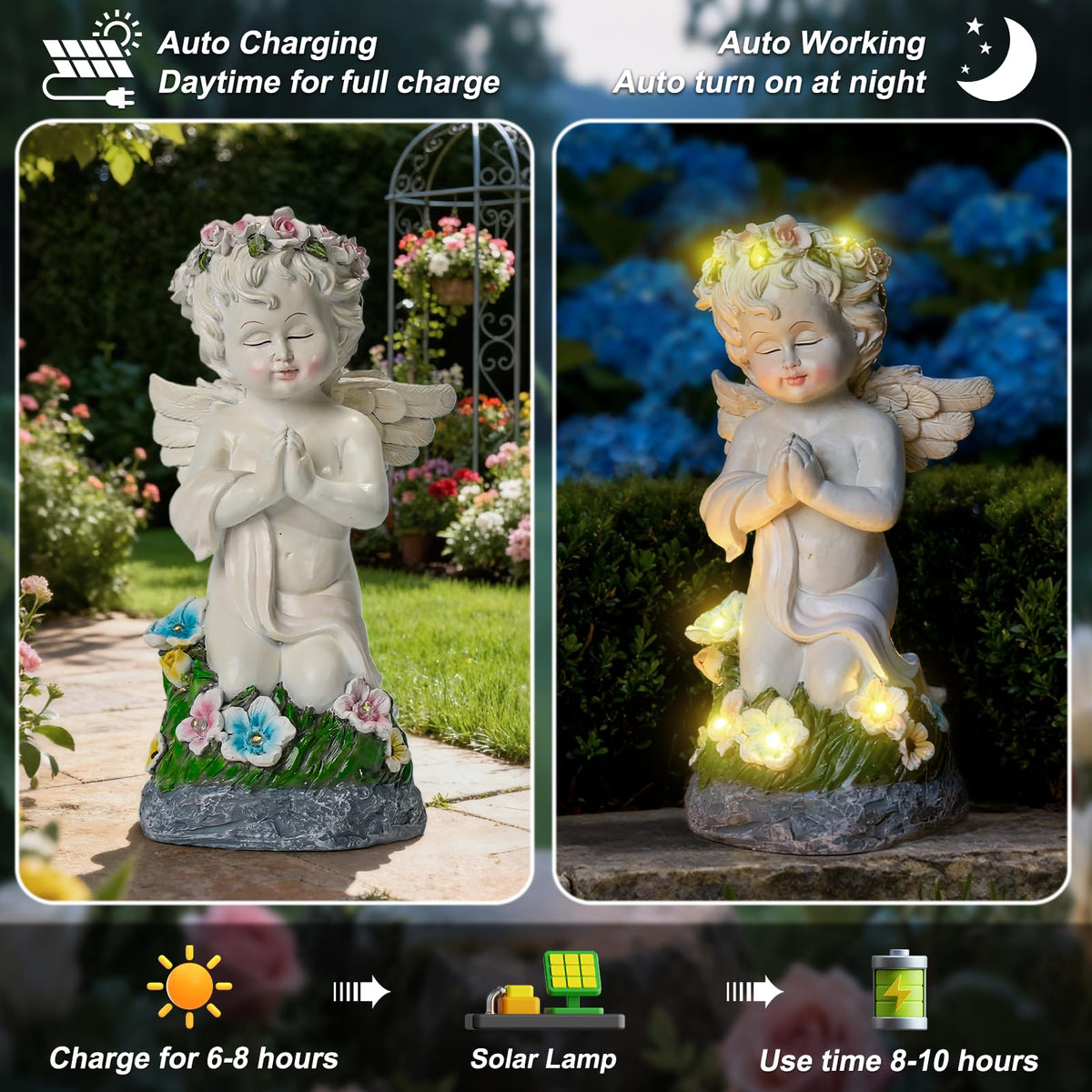 Pohabery seraphim figurine lights the patio with warm, inviting illumination.