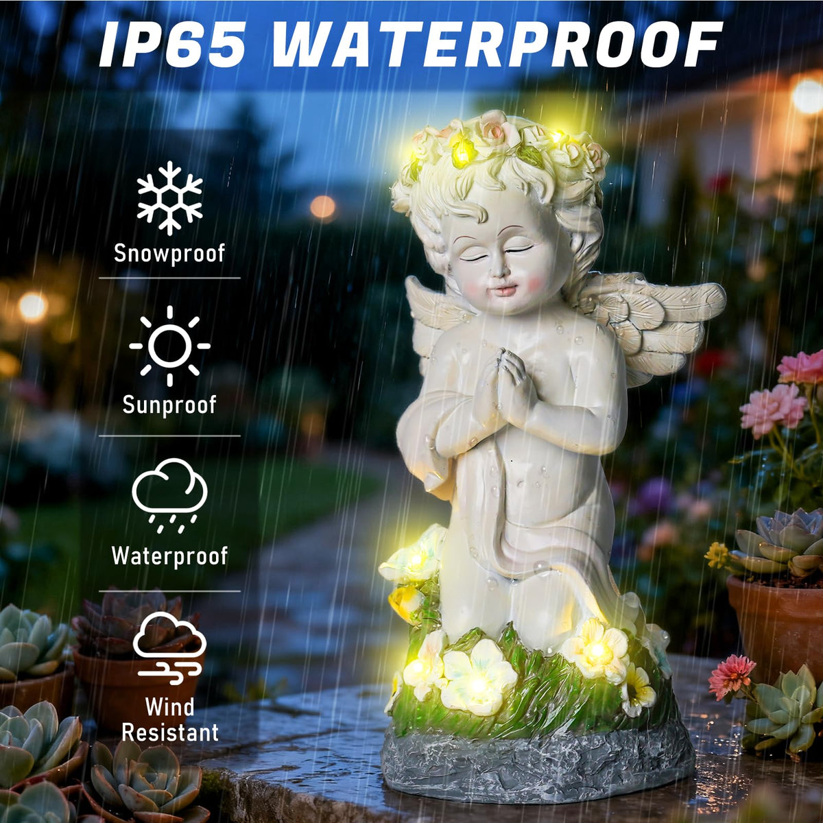 Pohabery solar powered angel decor automatically lights at night.