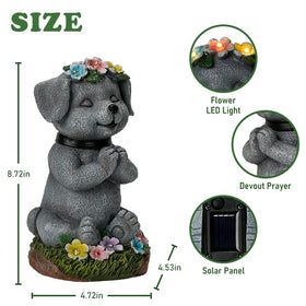 Detail of succulent flowers on the dog's head adding whimsical garden charm