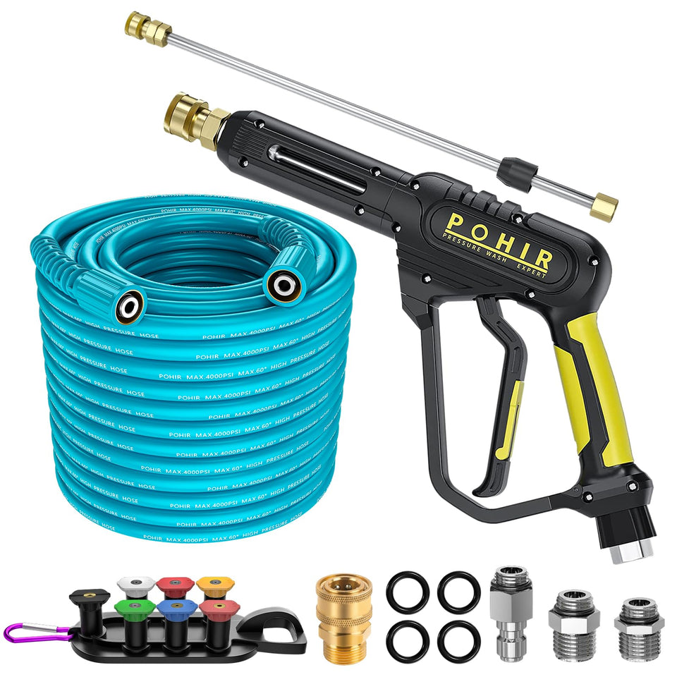 POHIR 3600psi gun and hose set for efficient vehicle and home exterior cleaning.