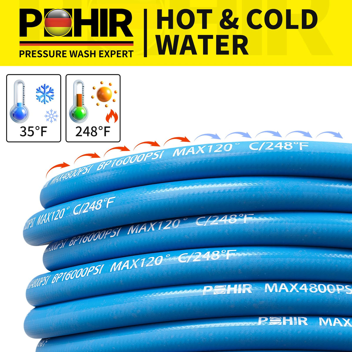 POHIR durable, weather-resistant hose suitable for outdoor use
