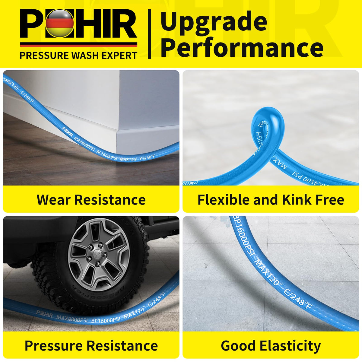 POHIR heavy-duty 100ft hose designed for industrial cleaning tasks