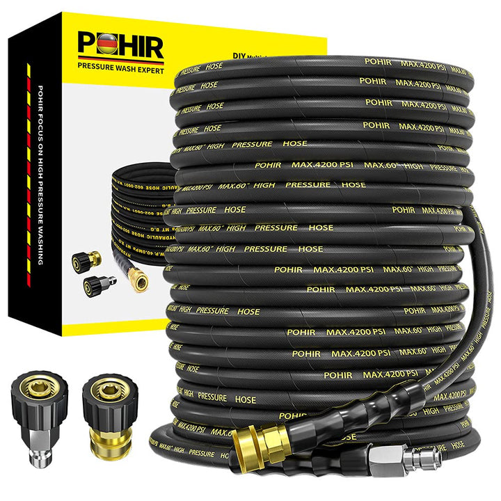 POHIR power washer hose 125ft steel-wire braided for durable high-pressure cleaning.