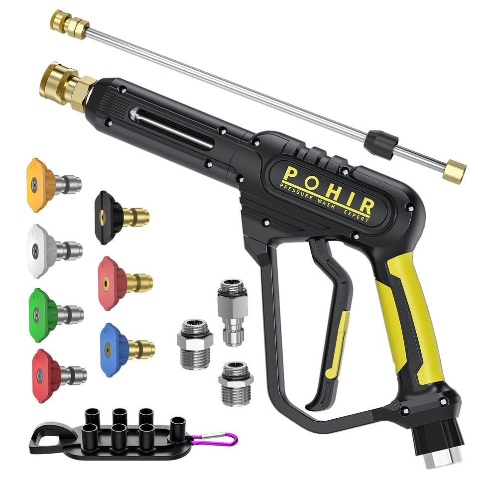 POHIR pressure washer gun shown with 3600 PSI capability for tough outdoor cleaning tasks