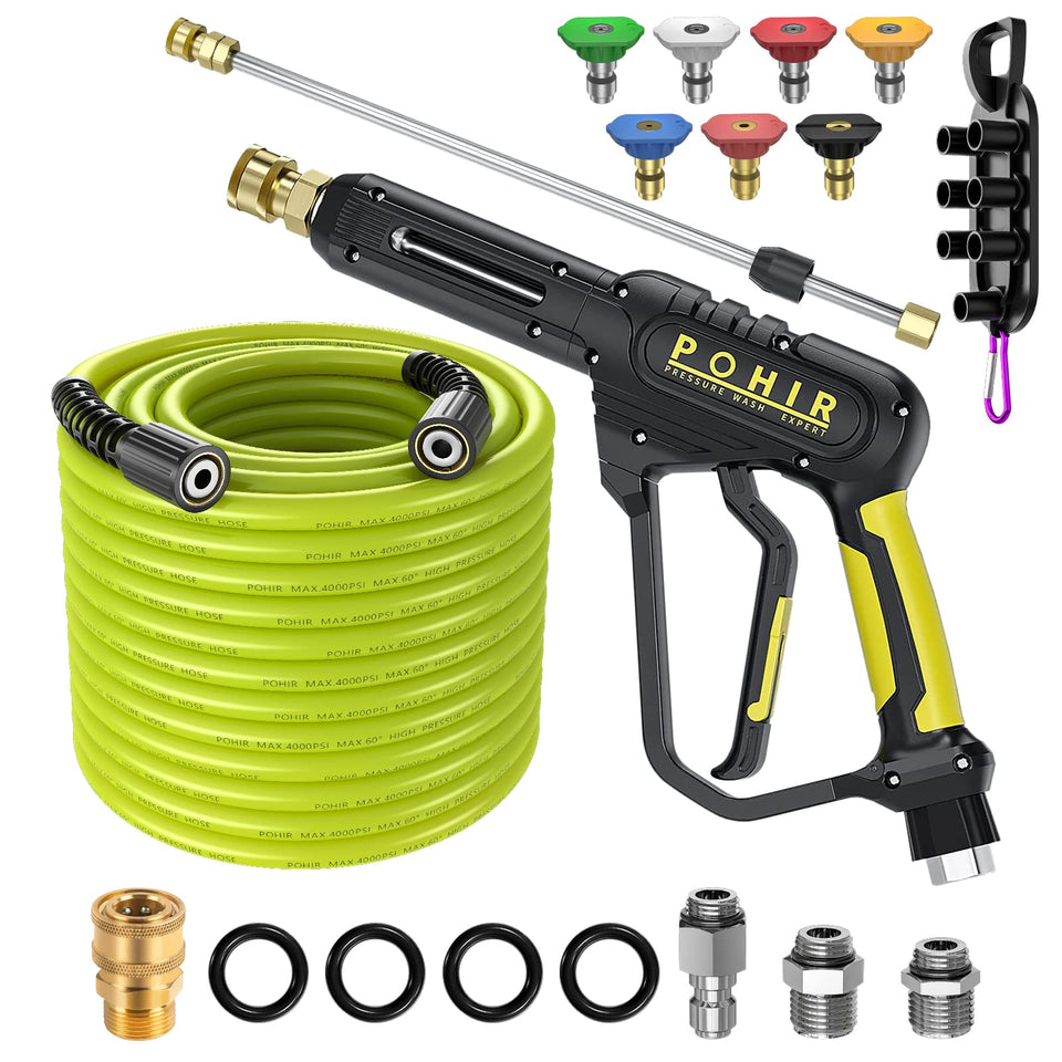 POHIR pressure washer gun and hose setup ready for versatile exterior cleaning