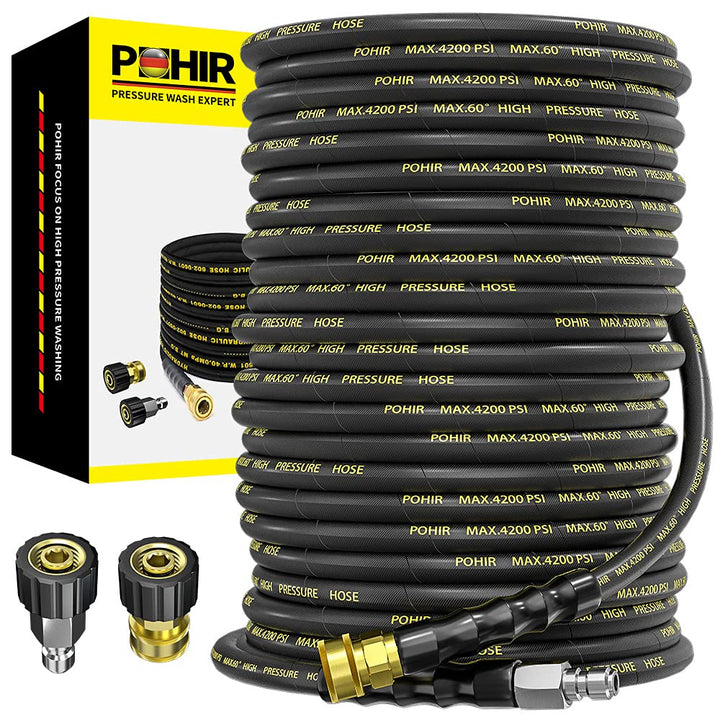 POHIR pressure washer hose 150 ft ready for extended reach and tough cleaning tasks.