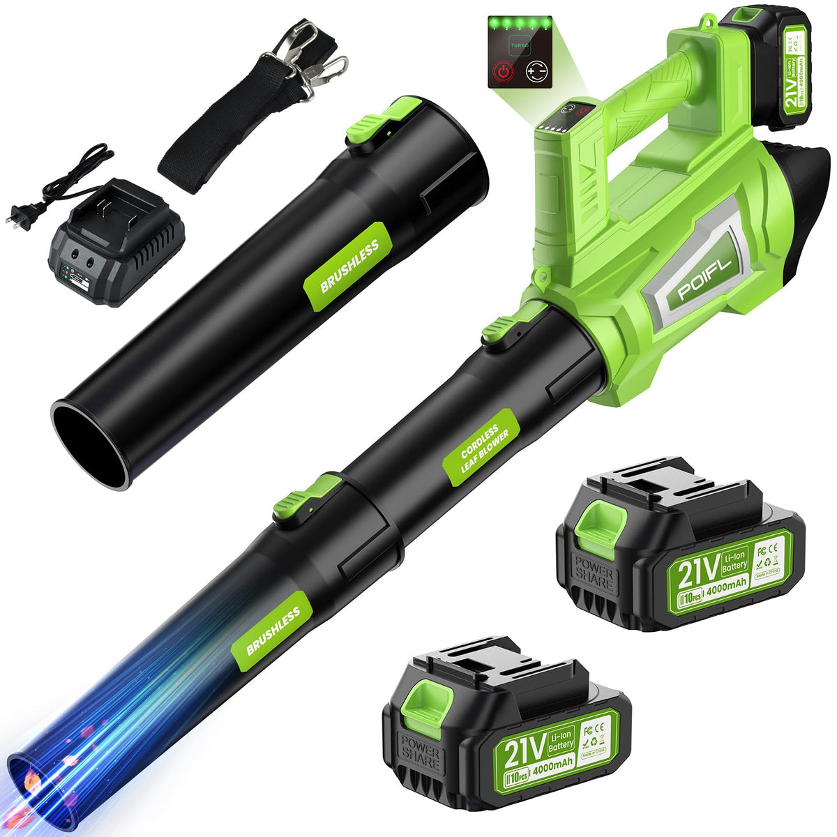 POIFL cordless leaf blower body showing strong airflow for fast yard cleanup