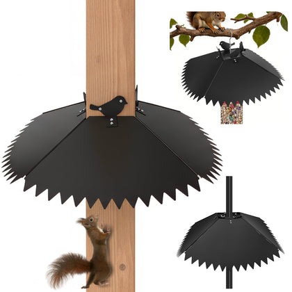 Poiyham 24-inch squirrel baffle mounted on a post for bird feeder protection