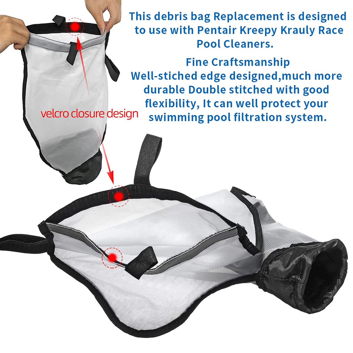 Pokin debris bag with velcro fastener opens easily for quick debris removal.