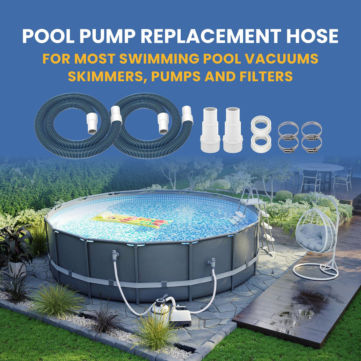 Pokin hose compatible with Hayward pumps, filters, skimmers, and heaters