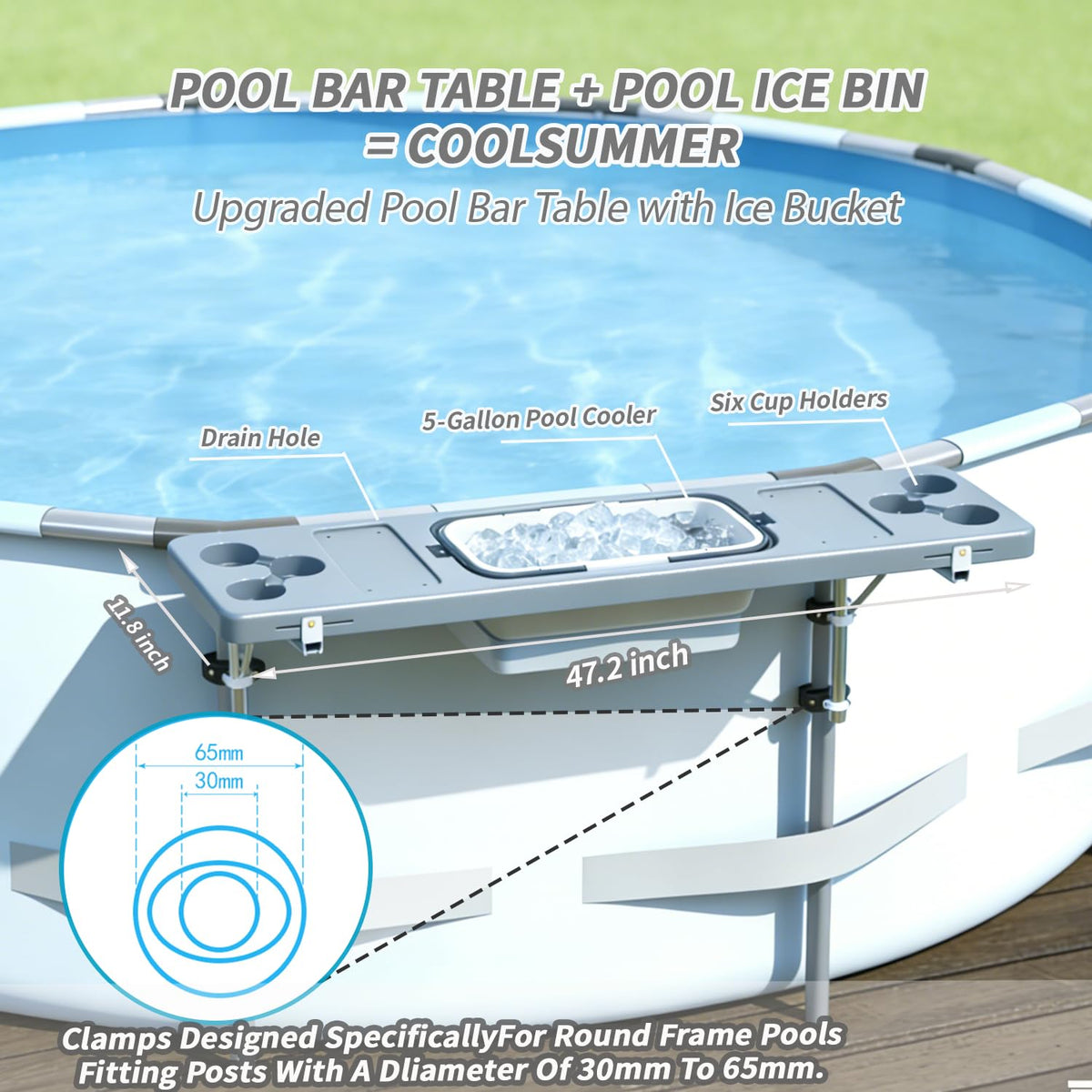 Pol Bay pool bar with six cup holders for convenient drinks.