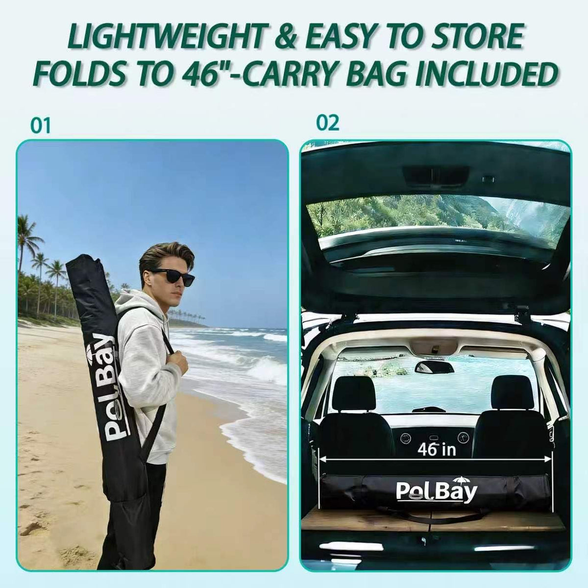 Pol Bay umbrella folds to 46 inches for easy storage in car trunk.