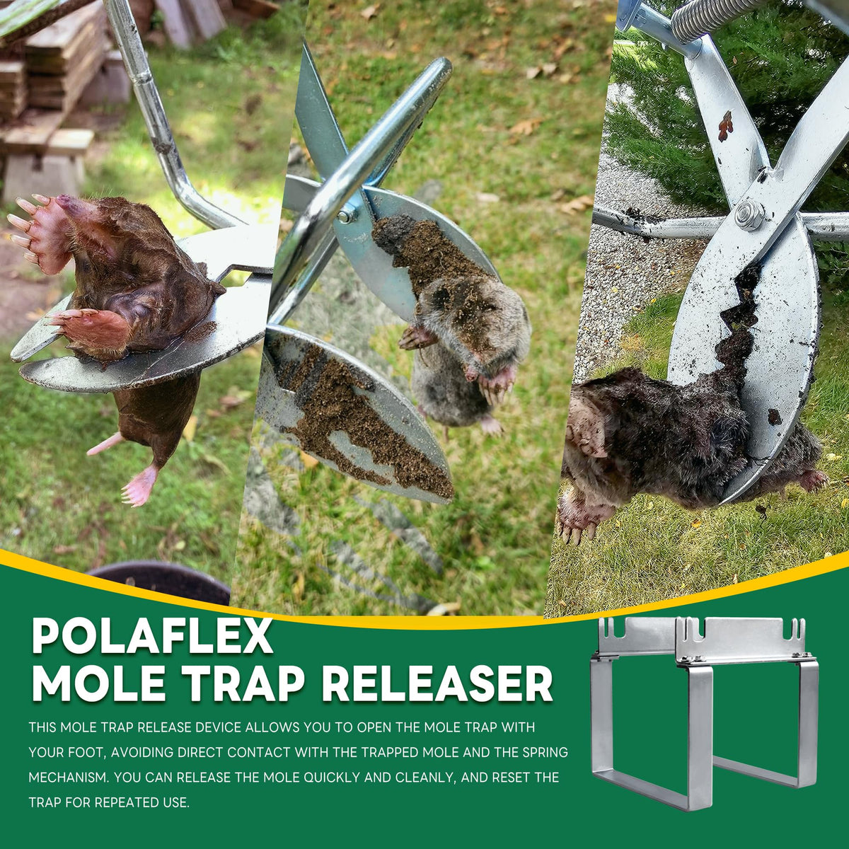 POlAFLEX easy foot release action highlighted for quick trap resets.