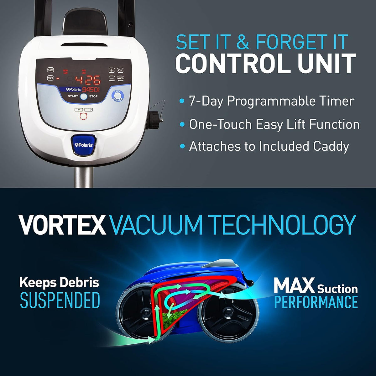Polaris 9450 Sport 7-day timer allows customizable cleaning cycles.