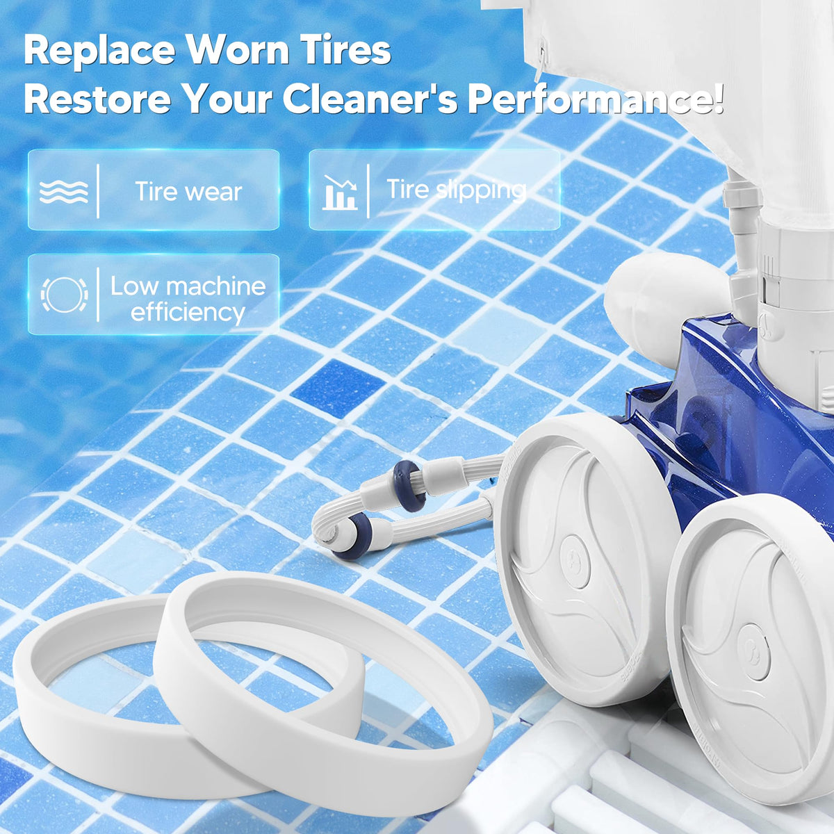 Polaris-compatible pool tire shows strong grip on plaster and vinyl