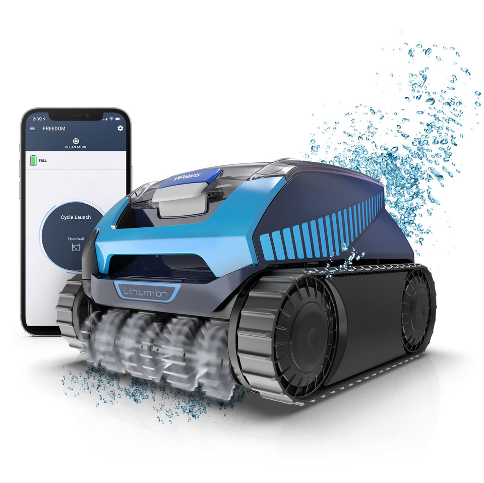 Polaris Freedom cordless cleaner on deck showing tangle-free operation.