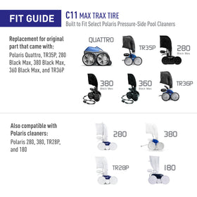 Polaris MaxTrax tire mounted on pool cleaner for lightweight handling.