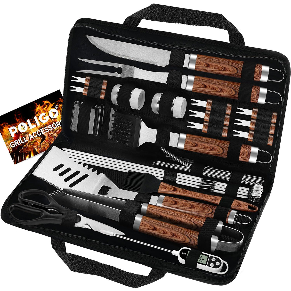 POLIGO 29-piece BBQ set with spatula for even, precise grilling.