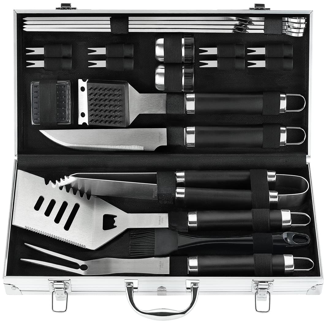 POLIGO grill tools set inside aluminum case for convenient storage and transport.