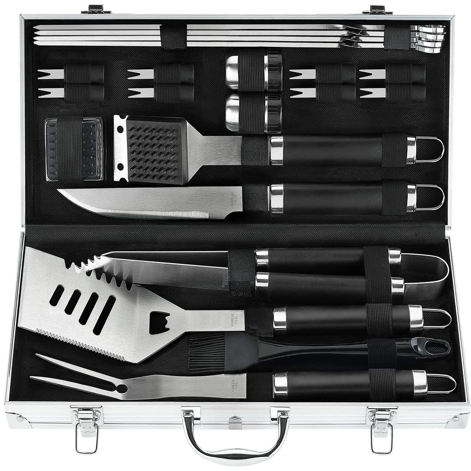 POLIGO grill tools set inside aluminum case for convenient storage and transport.