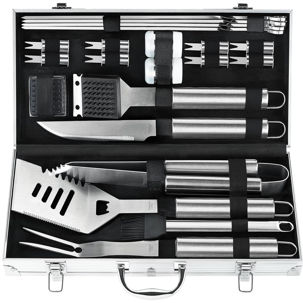 POLIGO deluxe grill tools set in aluminum case for organized outdoor grilling