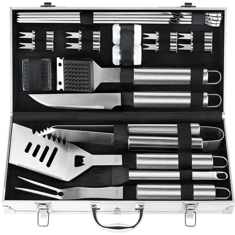 POLIGO deluxe grill tools set in aluminum case for organized outdoor grilling