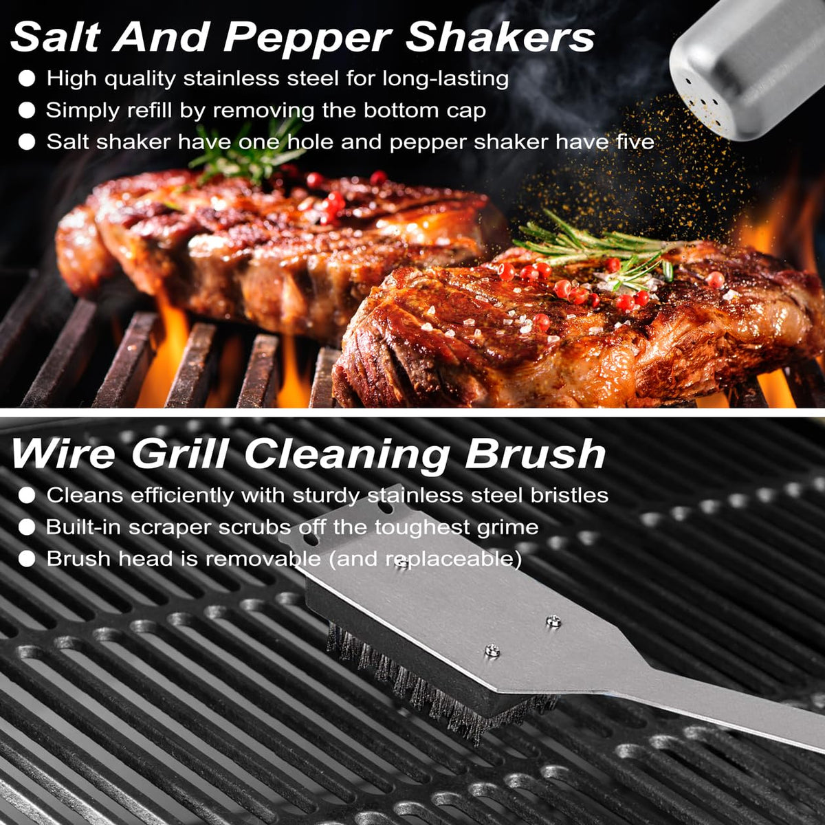 POLIGO grill brush with replacement head for easy grate cleaning.