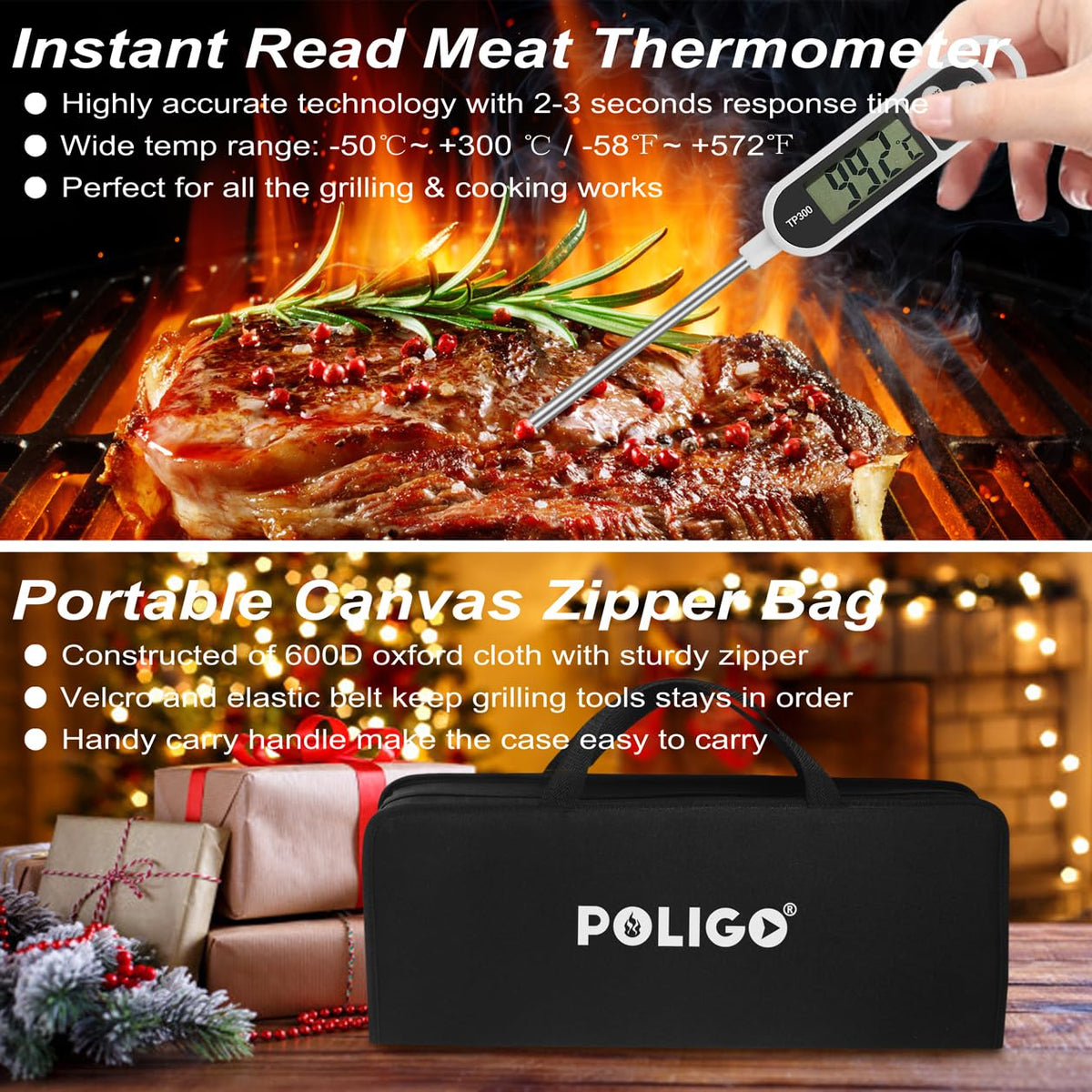 POLIGO meat thermometer for accurate doneness checks.