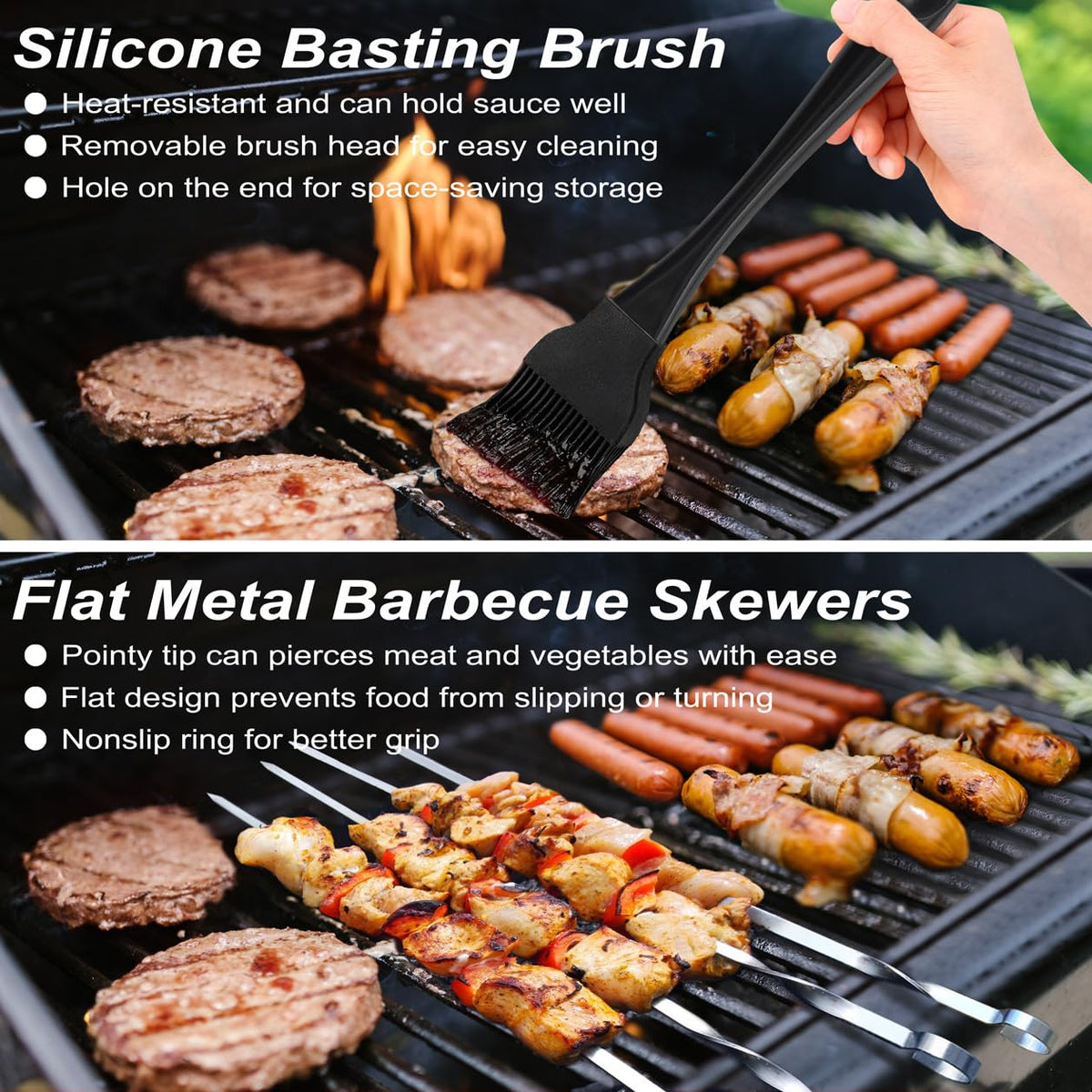 POLIGO stainless skewers for even grilling and easy turning.