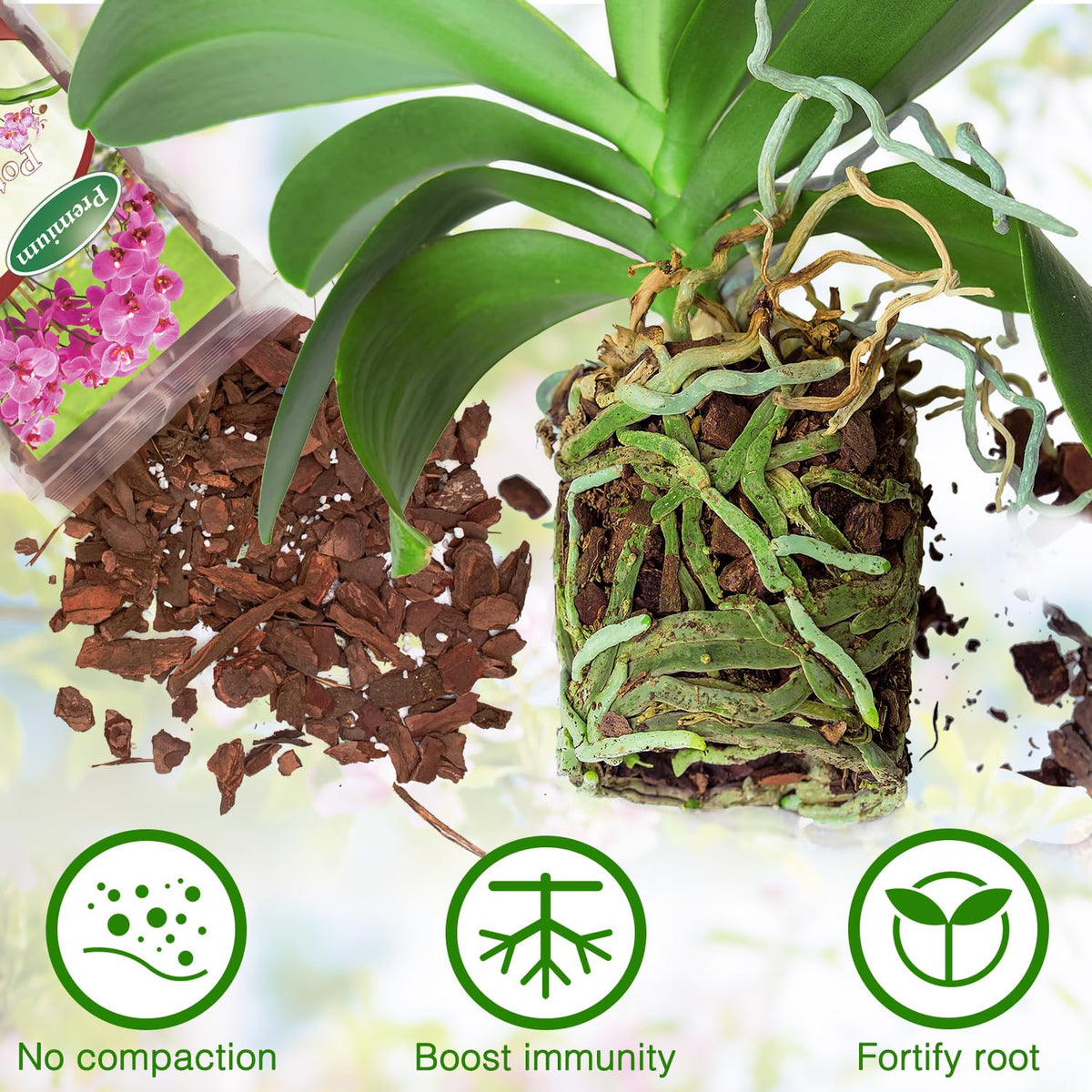 POLIUMB Orchid Bark Potting Mix pine bark pieces highlight natural ingredients for breathable roots.