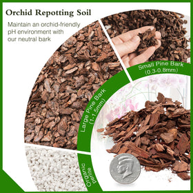 POLIUMB Orchid Bark Potting Mix texture closeup reveals pine bark and perlite.