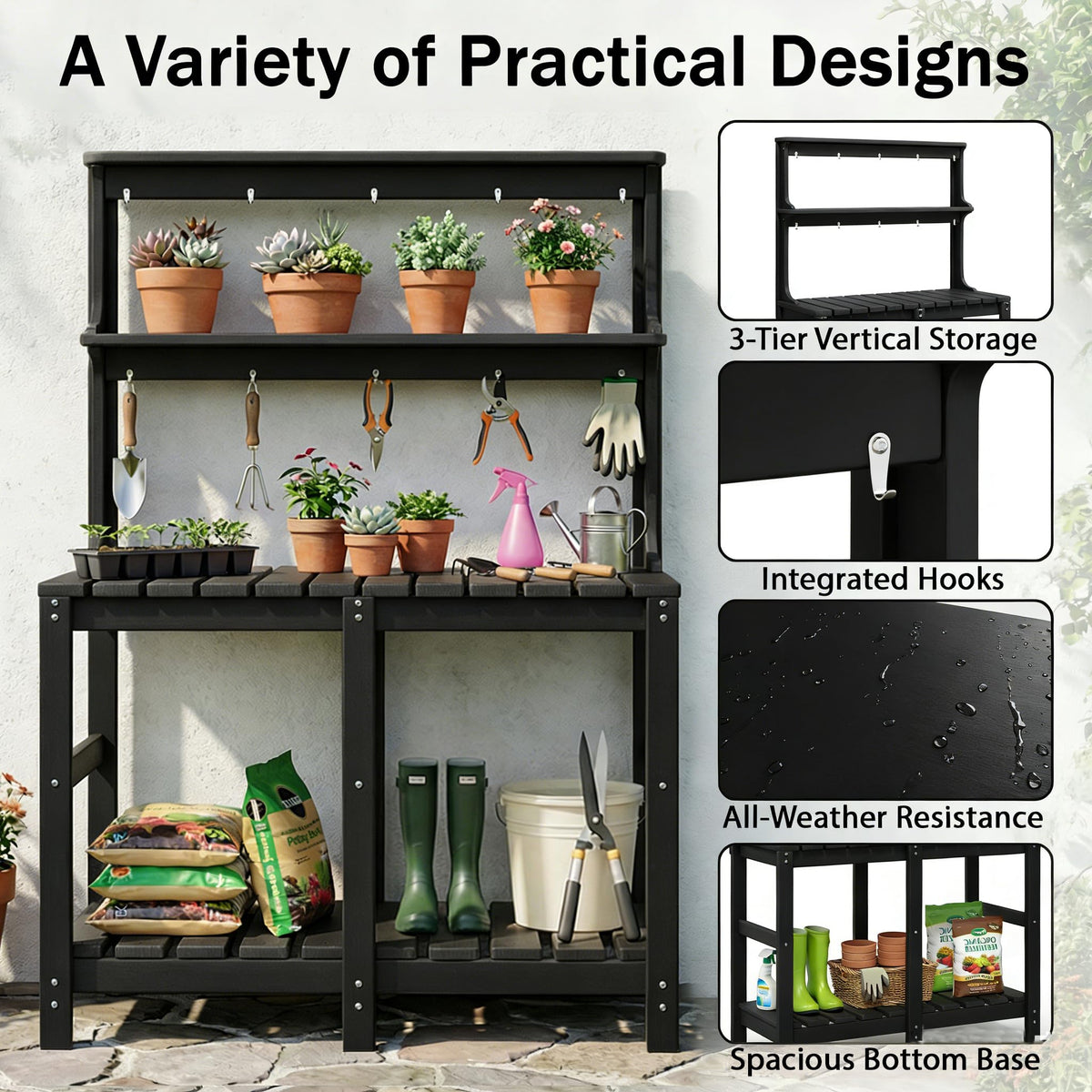 Polyhouz garden work table offers a spacious surface for pots and fertilizers