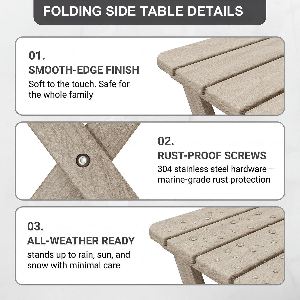 Polyhouz patio side table pictured beside a chair on a deck.