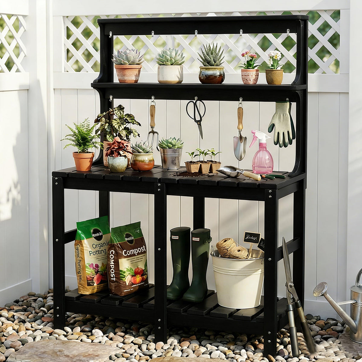 Polyhouz potting bench with tool hooks enables easy glove and tool organization