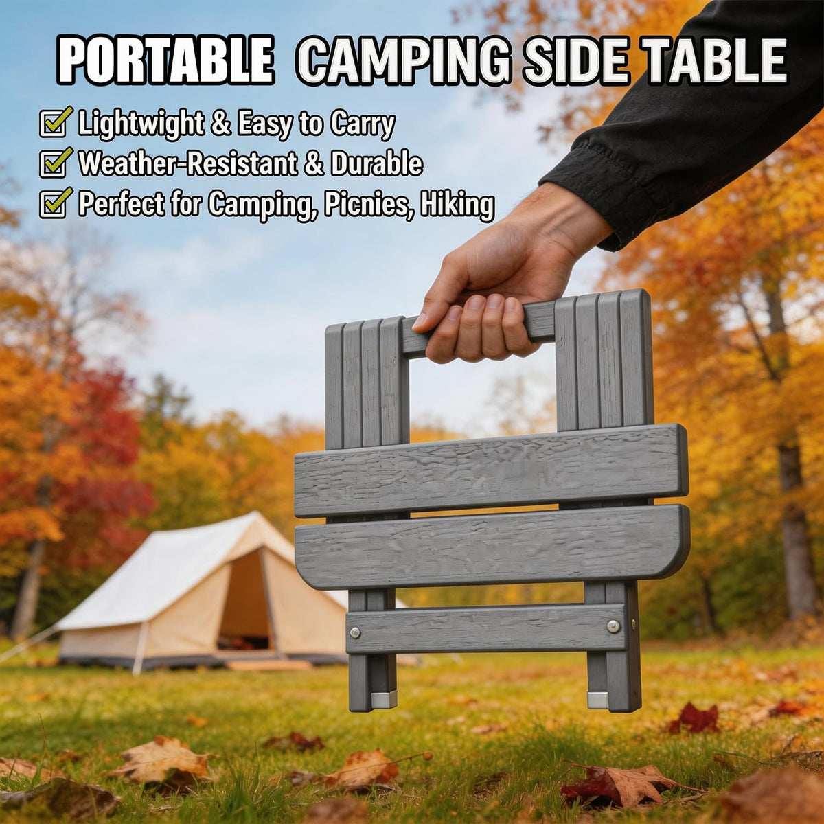 Polyhouz sturdy X-frame end table provides stable surface beside a chair.