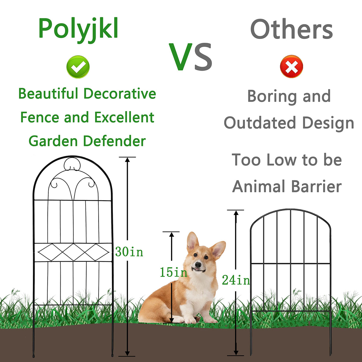 Polyjkl decorative fence panel 2-inch gap, keeps small animals out.