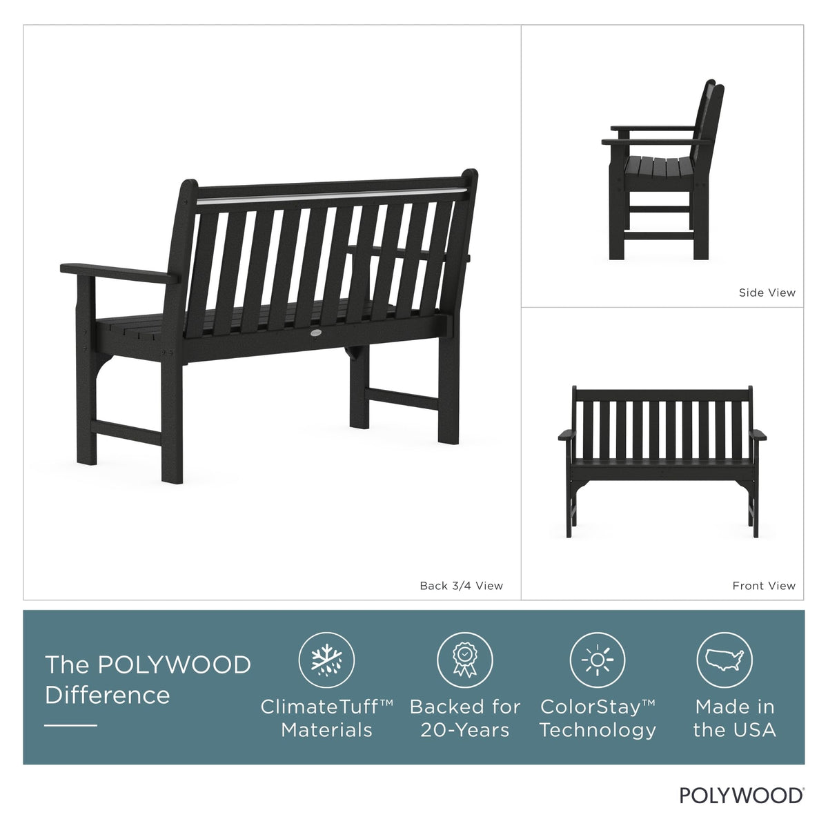 Polywood GNB48BL Vineyard 48-inch bench backrest detail emphasizes comfort