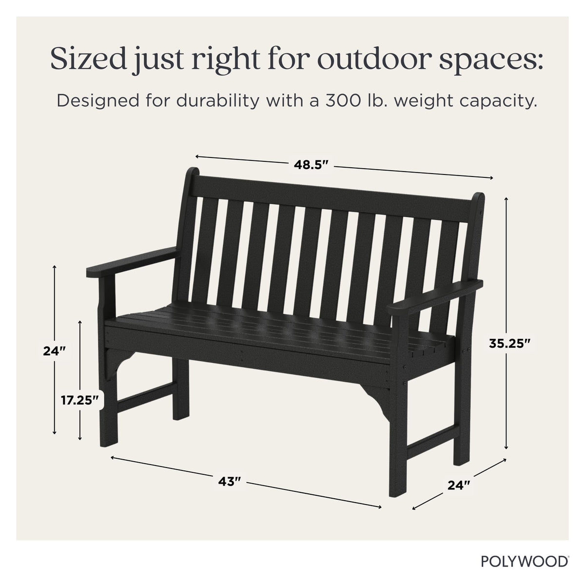Polywood GNB48BL Vineyard 48-inch bench seat detail demonstrates contoured comfort
