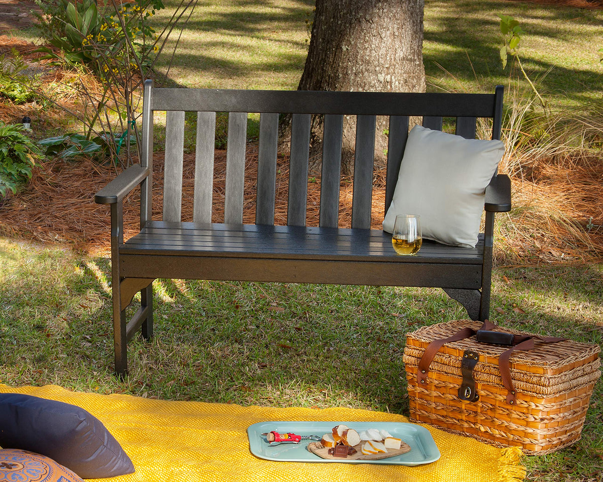 Polywood GNB48BL Vineyard 48-inch bench side view highlights weather resistance