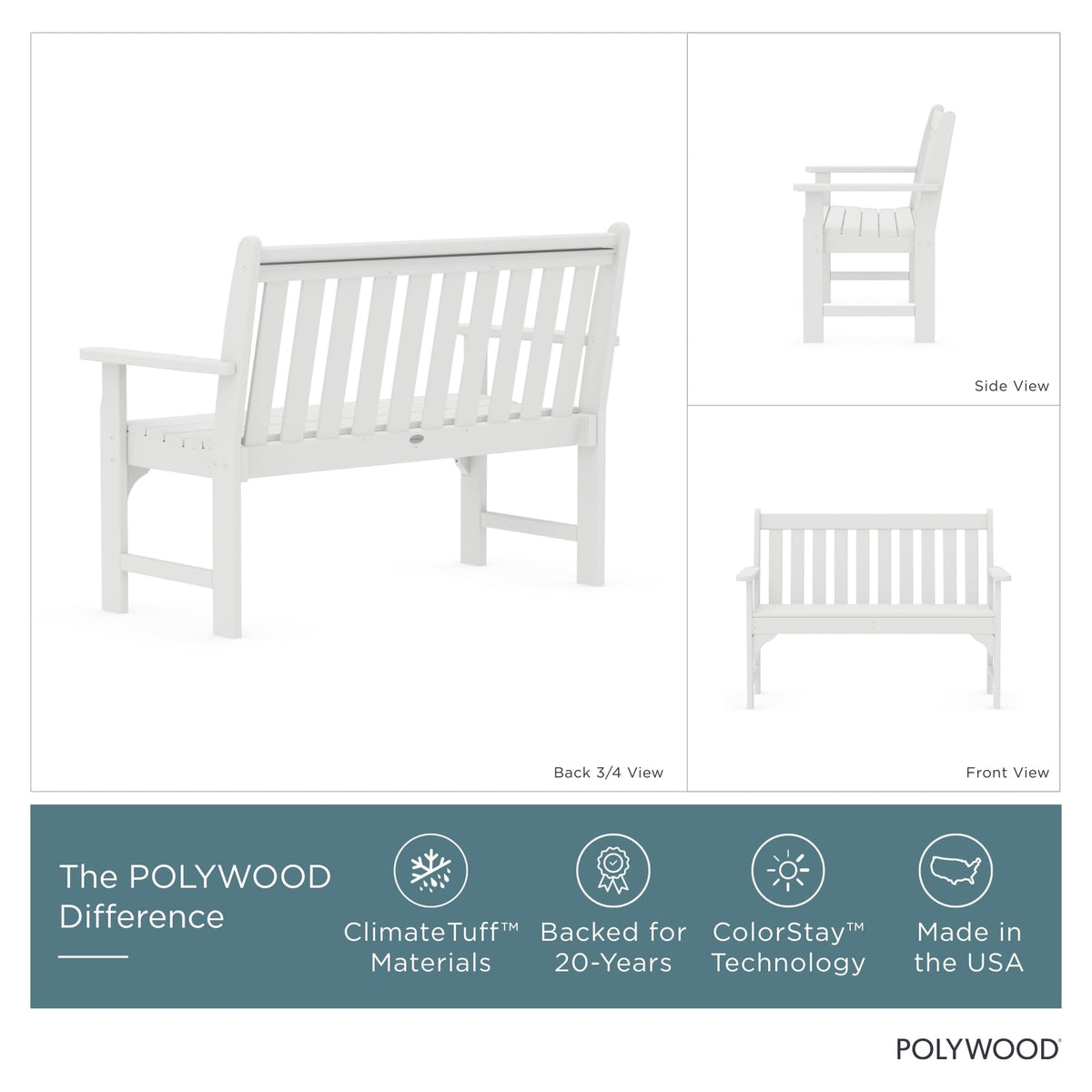 POLYWOOD Vineyard 48-inch bench backrest detail, supportive seating design.