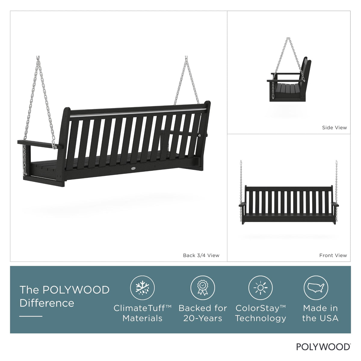POLYWOOD Vineyard 60-inch Swing side view highlighting weatherproof design