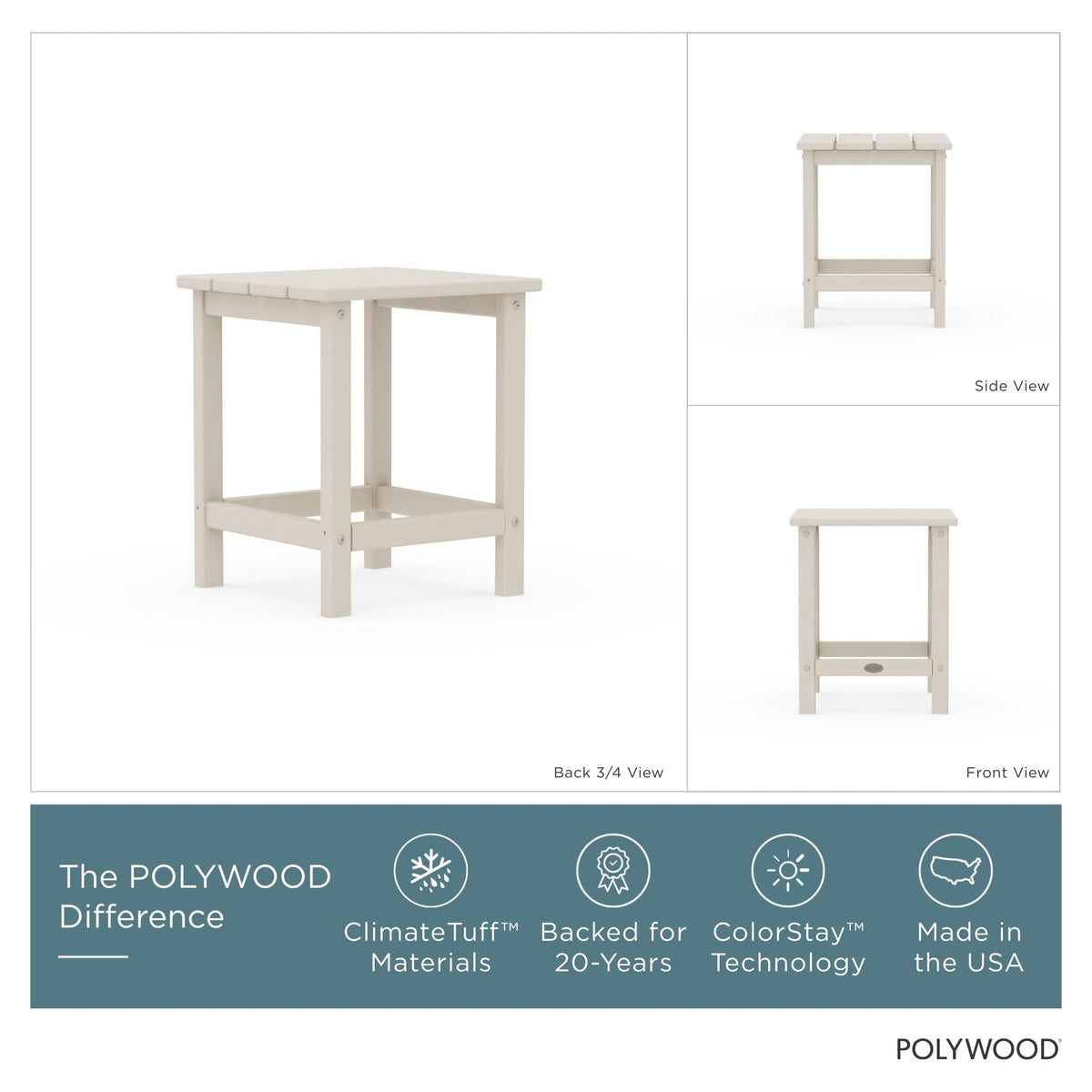 POLYWOOD Long Island Side Table in Sand, side angle, sturdy all-weather surface.