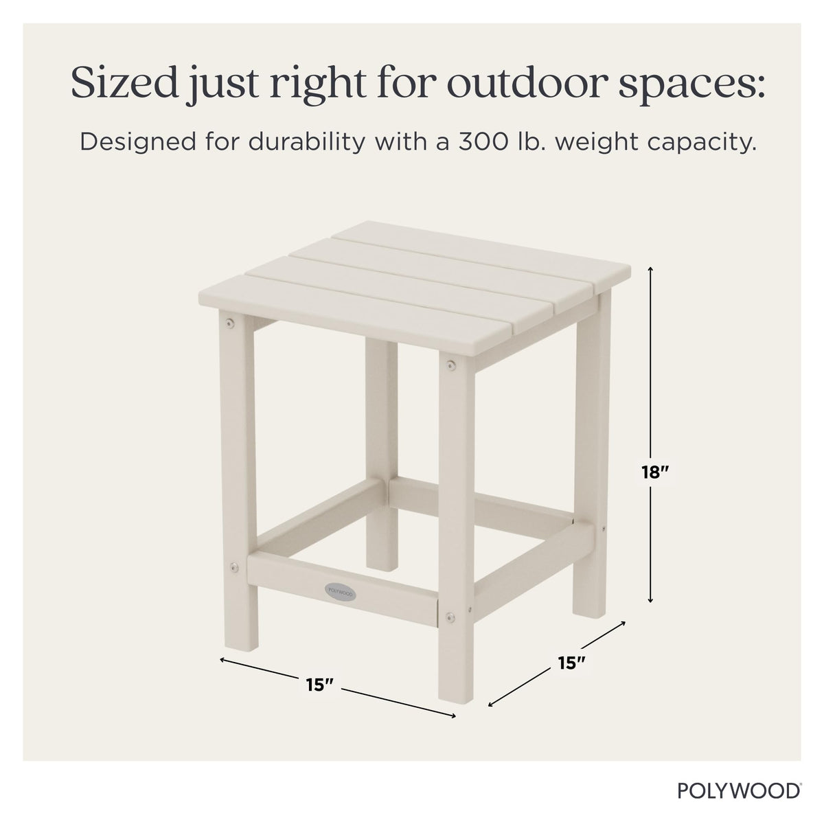 POLYWOOD Side Table in Sand, close-up texture, recycled lumber look.