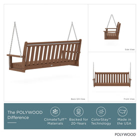 POLYWOOD Vineyard 60-inch swing teak seat highlighting maintenance-free seating