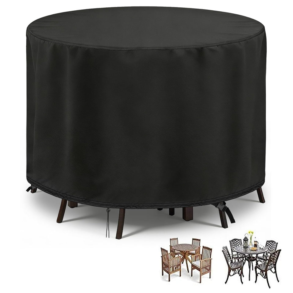 POMER round table cover front view highlights waterproof protection for outdoor furniture
