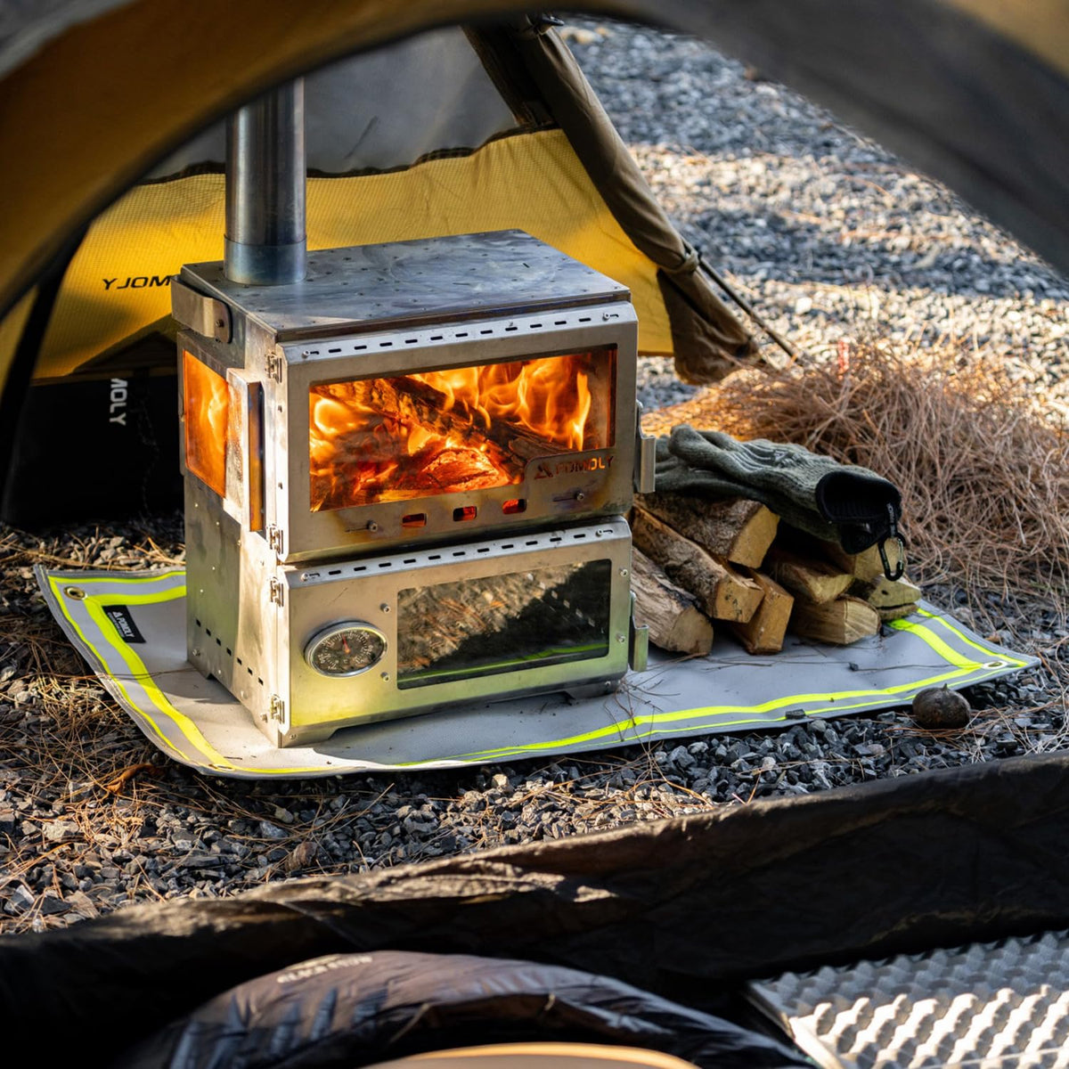 POMOLY Fire Pit Mat shown under grill setup protecting the deck from heat.