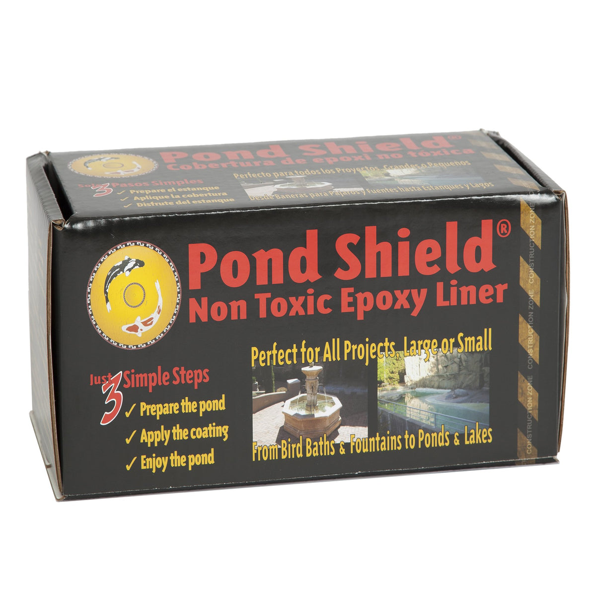 Pond Armor Pond Shield Competition Blue bottle demonstrates non-toxic waterproof coating for ponds.